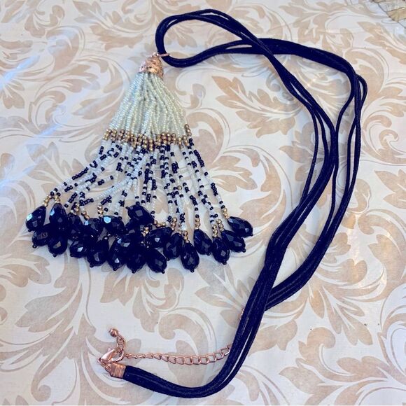 Seed Bead Tassel Necklace on 4 Black Strand Cord 30” Gorgeous - Picture 4 of 4